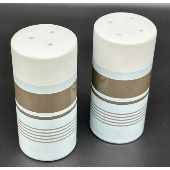Nautica West End contemporary blue brown stripe pattern salt & pepper stoneware - Picture 2 of 6